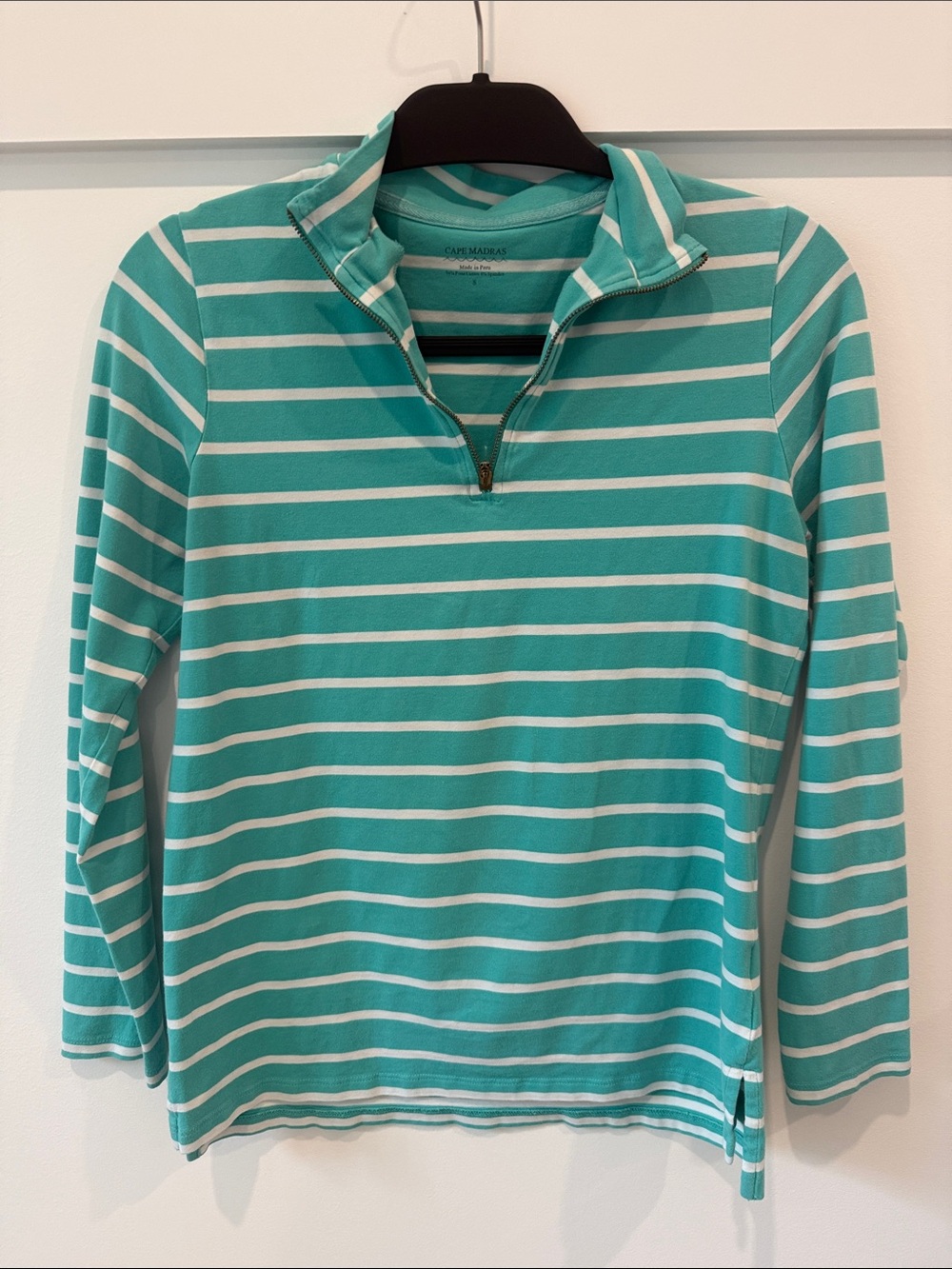 Women's Teal & White Striped Quarter-Zip Long Sleeve Top